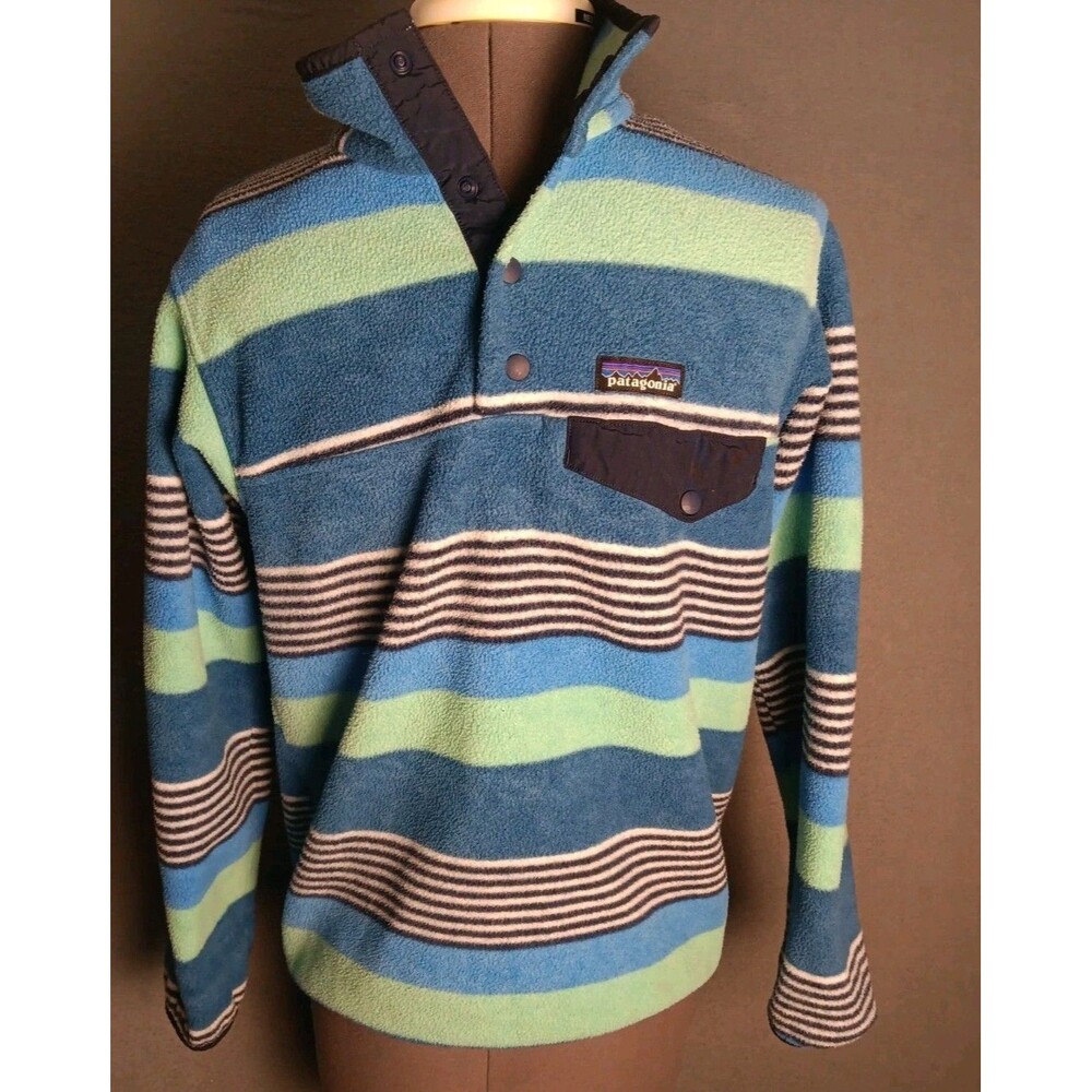Patagonia Synchilla Men's XS Blue Stripe Polyester 1/4 Snap Fleece Jacket EUC
